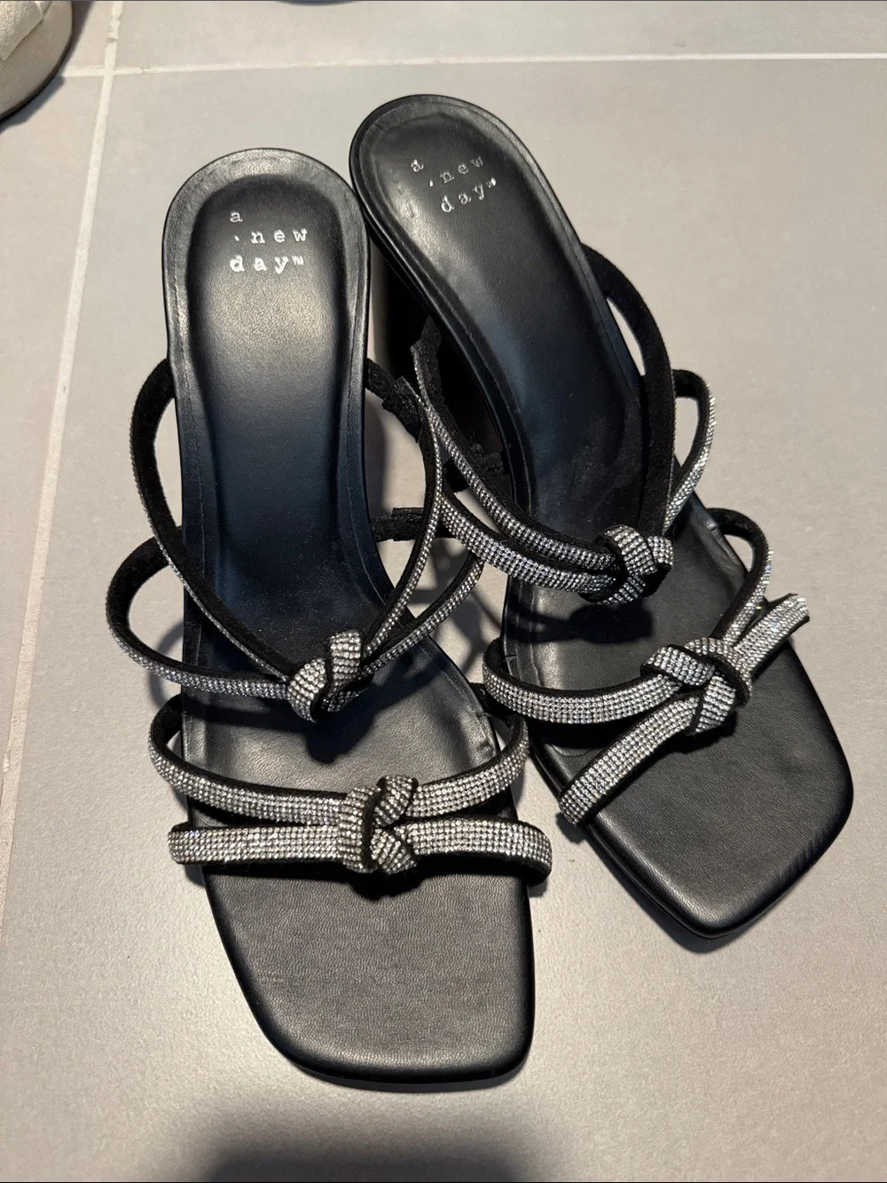 a new day Black Strappy Rhinestone Knot Heels